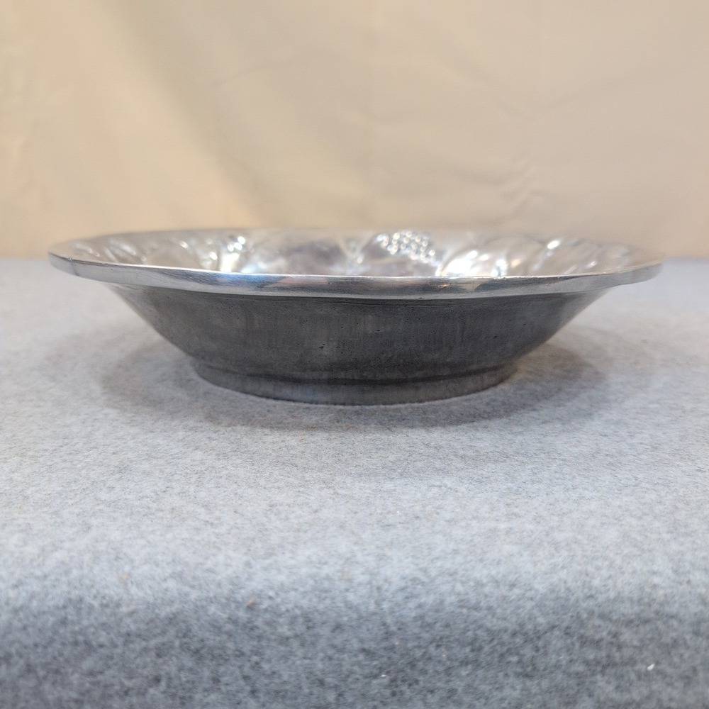 Vintage Mexican Pewter Serving Bowl Embossed Fruit Grapes Silver Tone Round - Picture 2 of 7